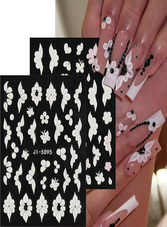 Fcozpjk 5D Embossed White Flowers Nail Stickers, 5 Sheets Self-Adhesive Floral Nail Decals, Spring Rose Butterfly Nail Art, 3D Acrylic Flowers for Manicure Decor - Image 4